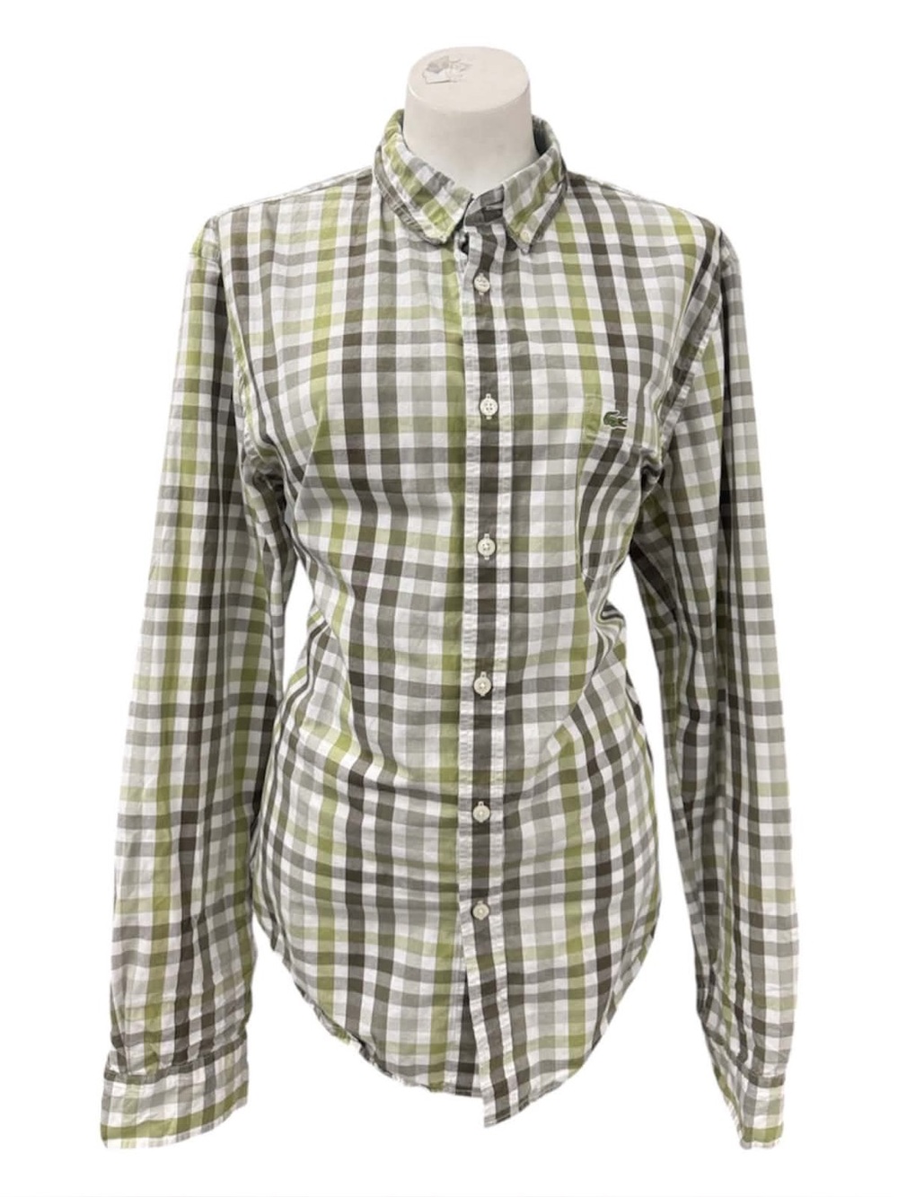 Lacoste Olive Green & White Plaid Button-Down Shirt Size L